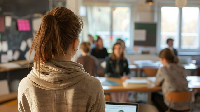 Young teacher with open laptop and teaching materials in classroom setting.