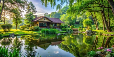 Fototapeta premium A serene rural house with a lush green garden surrounded by trees and a small pond, natural beauty, tranquility