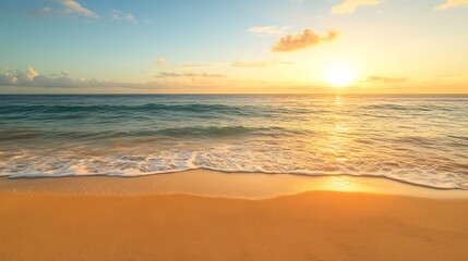 Obraz premium Isolated tropical beach at sunrise with golden sands and vibrant colors. Perfect for travel and nature themes.