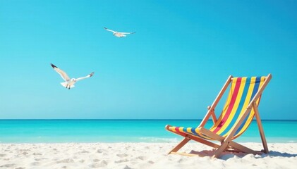Blue sky, white seagulls, colorful beach chair stripes , holiday, above