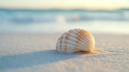 Seashell Serenity: A single, beautifully textured seashell rests on a sun-kissed sandy beach, with the serene ocean softly blurred in the background, the shell glows in warm sunlight