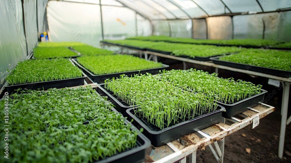 Poster Advanced vertical farm inside a greenhouse with multi level trays of microgreens illuminated by energy efficient LED grow lights