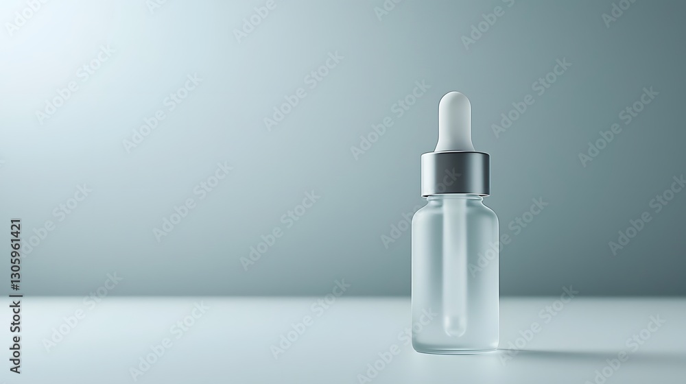 Poster and photo of a frosted glass dropper bottle with a matte white cap showcasing a minimal and sleek de