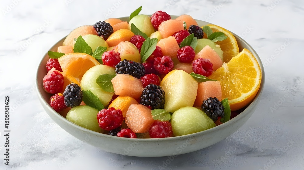 Poster appetizing and nutritious summer fruit salad featuring a colorful arrangement of berries melon slice