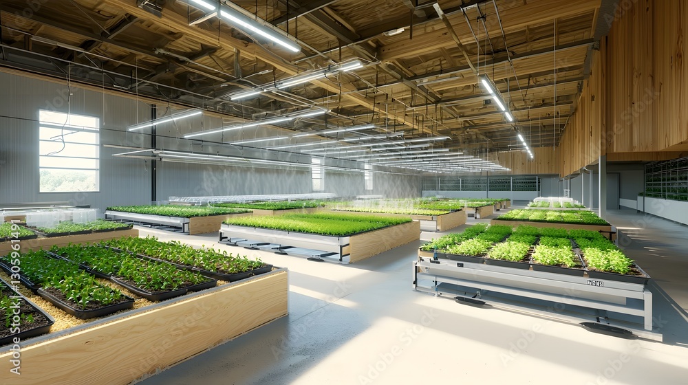 Poster automated greenhouse facility with rows of young seedlings under precision controlled lighting and m