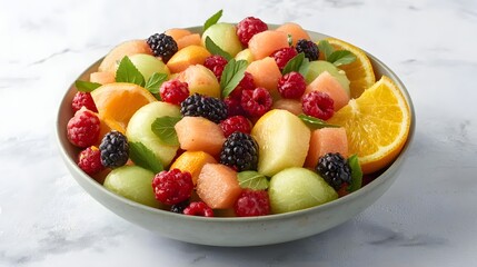 Appetizing and Nutritious Summer Fruit Salad Featuring a Colorful Arrangement of Berries Melon Slices and Vibrant Citrus in a Wooden Bowl on a Marble Background