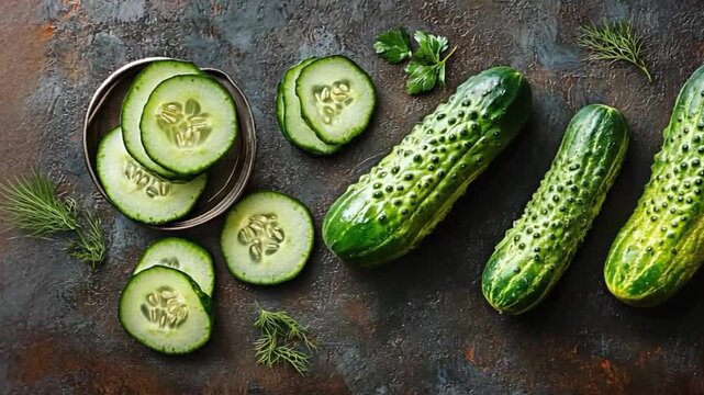 Fresh Cucumbers Slices on Dark Background, Healthy Food
