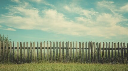 Fototapeta premium A charming wooden fence along a peaceful grassy expanse, with space for text in the upper right corner, evoking rural serenity