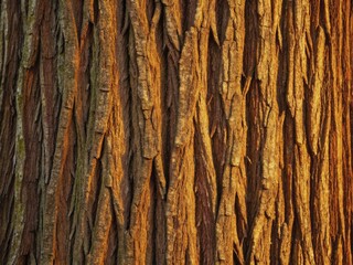 Obraz premium Detailed bark texture of an ancient tree, showcasing deep grooves and natural color variations in warm sunlight.