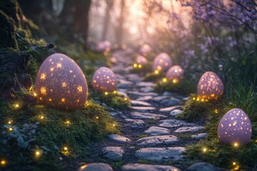 Happy Easter Sunday background, A winding cobblestone forest path, lined with giant shimmering Easter eggs embedded in the moss, surrounded by twinkling fairy lights