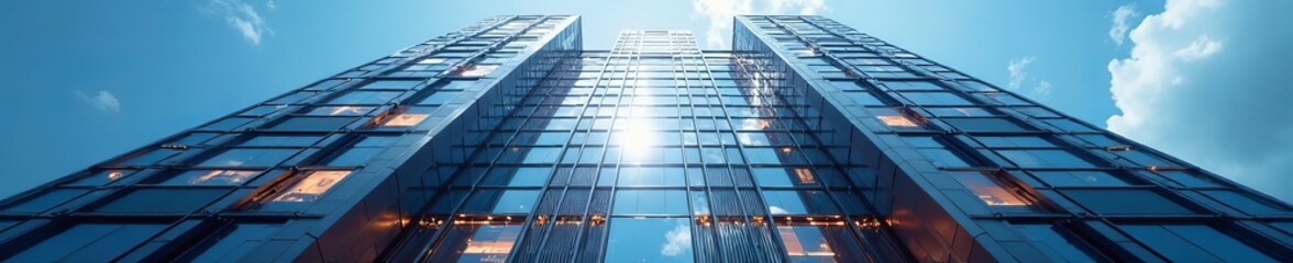 Obraz premium Futuristic geometric skyscraper facade with glass windows and metal structure, building, windows
