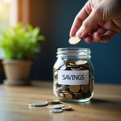Hand putting coin into glass jar with "savings" label on desk, retirement, banking