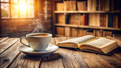 A warm and inviting cup of coffee sits next to an open book on a rustic wooden table, surrounded by soft natural light, in a cozy study or library setting , coffee, wooden table