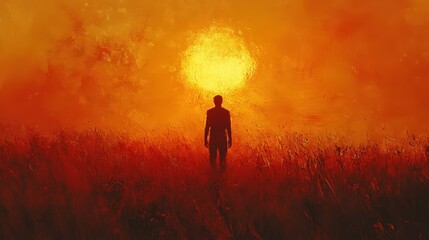 Fototapeta premium Lone Figure Sunset Field, Fiery Sky