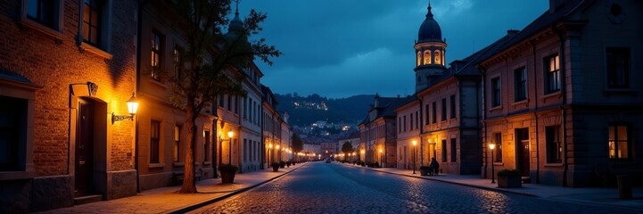 Naklejka premium Historic city at night with old buildings and cobblestone streets, architecture, vintage