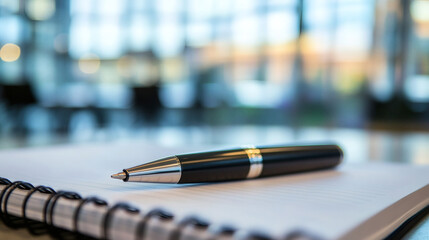 Pen on Notebook: A close-up shot showcases a sleek pen resting on an open spiral notebook, the focus sharp on the pen's details with a blurred office background.