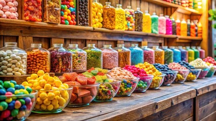 Fototapeta premium Colorful sweets arranged artfully on wooden counter in a bustling Camden Town sweet shop, with colorful background and natural light , treats, colourful
