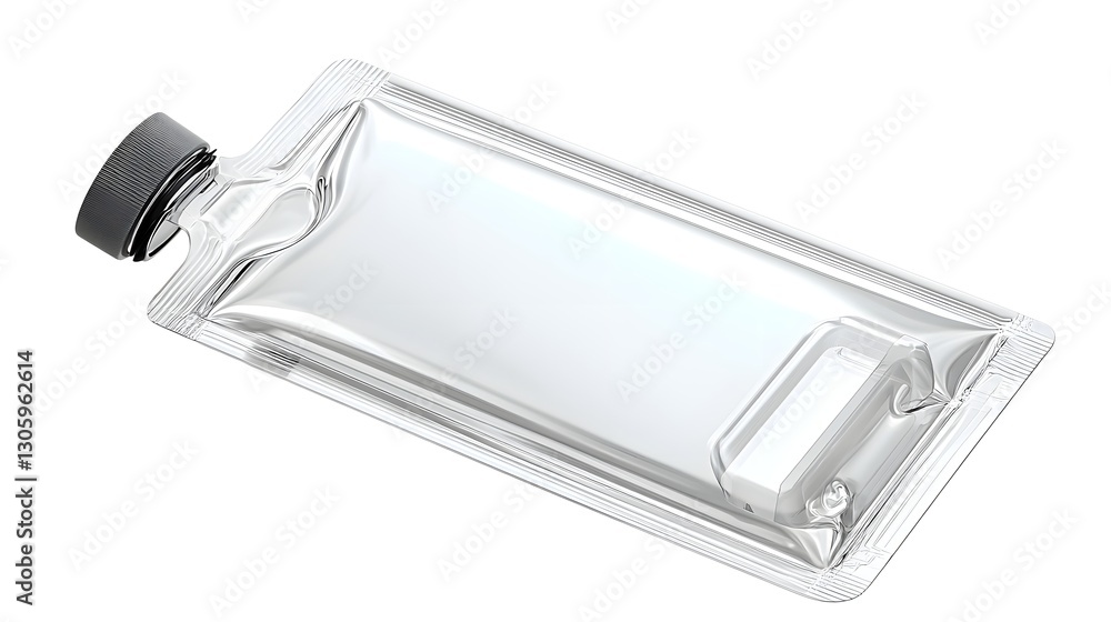 Poster clear plastic refill pouch with a matte spout cap floating on a clean white background this minimali