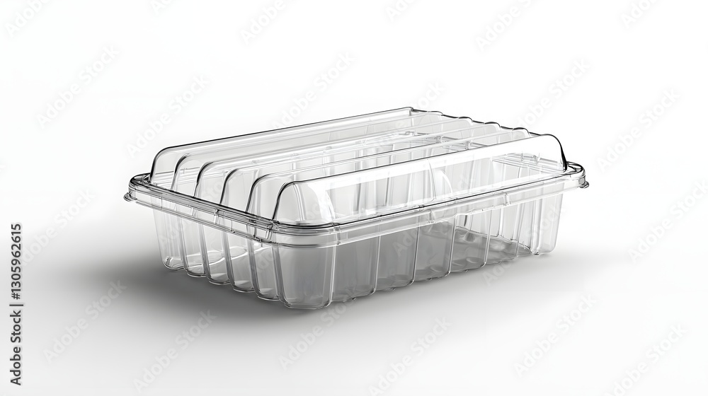Poster clear plastic clamshell container with no labels or branding isolated on a clean white background mo
