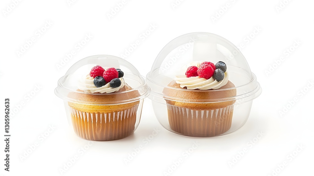Poster clear plastic cupcake display box with a dome shaped transparent lid isolated on a clean white studi