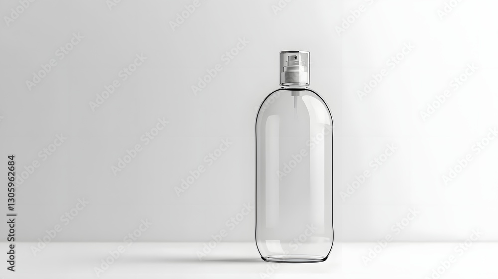 Poster clear unmarked plastic shampoo bottle with a flip top cap simple minimalist design on a white backgr