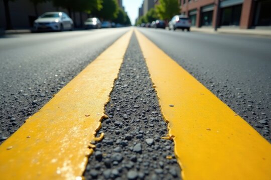 Close-up view of a double yellow line on an asphalt road, with blurred cars in the background, conveying a sense of urban travel and infrastructure