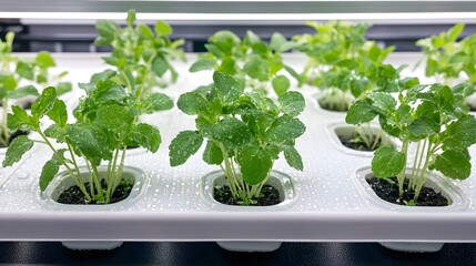 Fototapeta premium Close up Shot of Lush Healthy Hydroponic Herbs Growing in Cultivation Trays with Glistening Water Droplets Showcasing a Sustainable and Efficient Indoor Gardening Solution