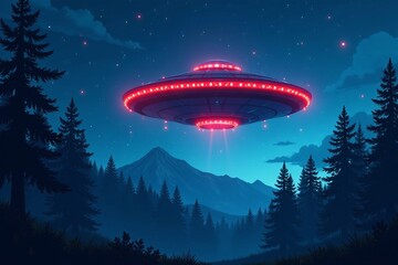 Illustration of UFO spaceship hovering over a forest at night with bright lights, spaceship, extraterrestrial