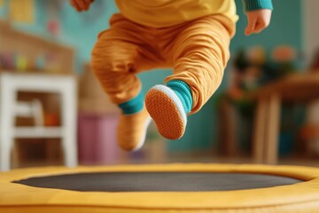 Joyful Toddler Jumping on Indoor Trampoline in Colorful Playroom