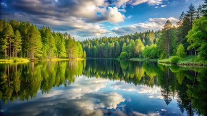 Fototapeta premium A serene landscape of a peaceful forest with a tranquil lake in the background reflecting the beauty of nature and providing a sense of calmness and serenity , serenity, peace