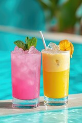 Refreshing Summer Cocktails by the Poolside with Vibrant Colors and Garnishes