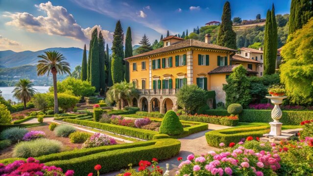 Serene Italian villa surrounded by lush greenery and blooming flowers in the picturesque gardens of Lake Garda, villa