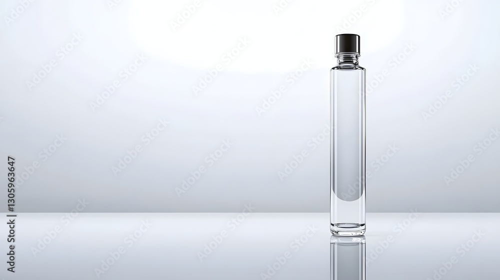 Poster cylindrical glass bottle with a screw cap on a clean reflective white studio background minimalist a