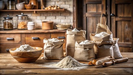 Fototapeta premium Fresh flour bags piled high on a vintage wooden kitchen table , rustic kitchen, flour