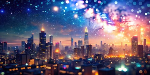 Fototapeta premium Soft focus cityscape at dusk with blurred buildings and neon lights against a bright starry sky