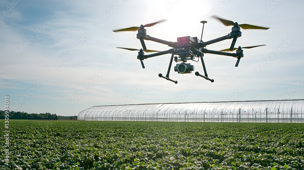Aufkleber Drone with advanced sensors and performing precision crop analysis and monitoring above a large industrial greenhouse facility under bright daylight conditions