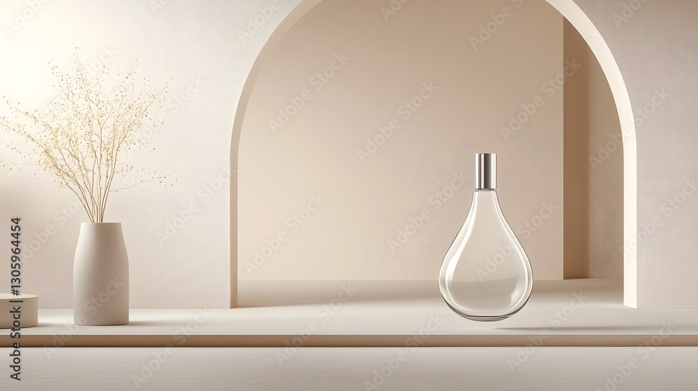 Poster elegant teardrop shaped glass bottle with a minimalist silver screw cap floating effortlessly on a c