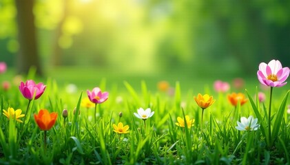 Fototapeta premium Fresh green grass with colorful flowers, perfect for spring season, botany, nature