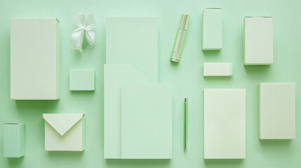 Stationery Set: An organized collection of blank stationery and office supplies, perfect for branding and mockup presentations. Clean layout, aesthetic, and minimalist feel.