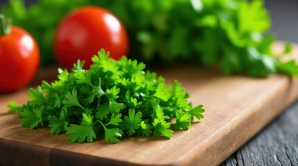 Fresh Parsley Sprigs on Wooden Cutting Board with Blurred Tomatoes in Background