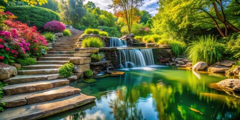 Serene Backyard Pond Waterfall Landscape Photography - Stone Steps, Lush Greenery, Tranquil Garden