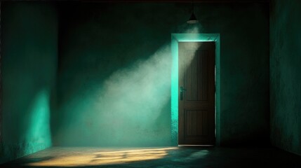Obraz premium Eerie Sunlight Illuminates Closed Door in Mysterious Dimly Lit Room with Atmospheric Shadows