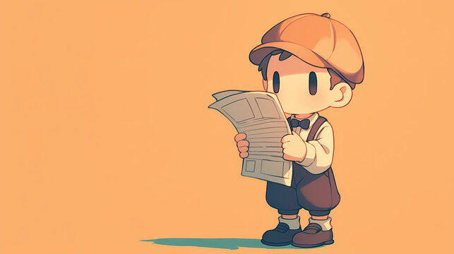 A young boy in vintage attire reading a newspaper, set against a soft orange background, evoking nostalgia
