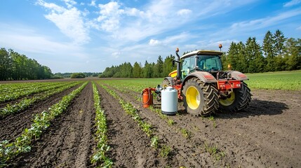 Obraz premium Farm Tractor Refueling from Portable Fuel Tank in Rural Countryside Field Farmer refilling agricultural with diesel fuel to continue cultivation and harvest in pastoral landscape