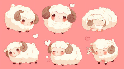 Cute cartoon sheep characters displaying various emotions on a pink background, perfect for children's content