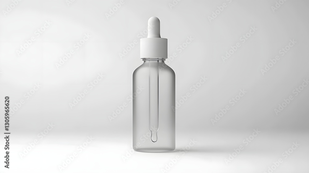 Poster Frosted glass dropper bottle with a matte white cap showcasing a sleek and minimal cosmetic packaging design  The transparent container and pipette style dropper create a modern and aesthetic