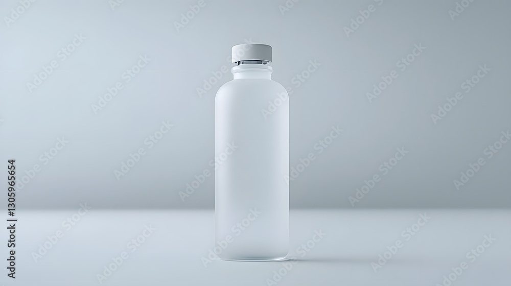 Poster Frosted glass flask bottle with a slim neck and matte white cap in a modern and minimalist design  The product shot showcases the clean elegant and simple styling of this or cosmetic container