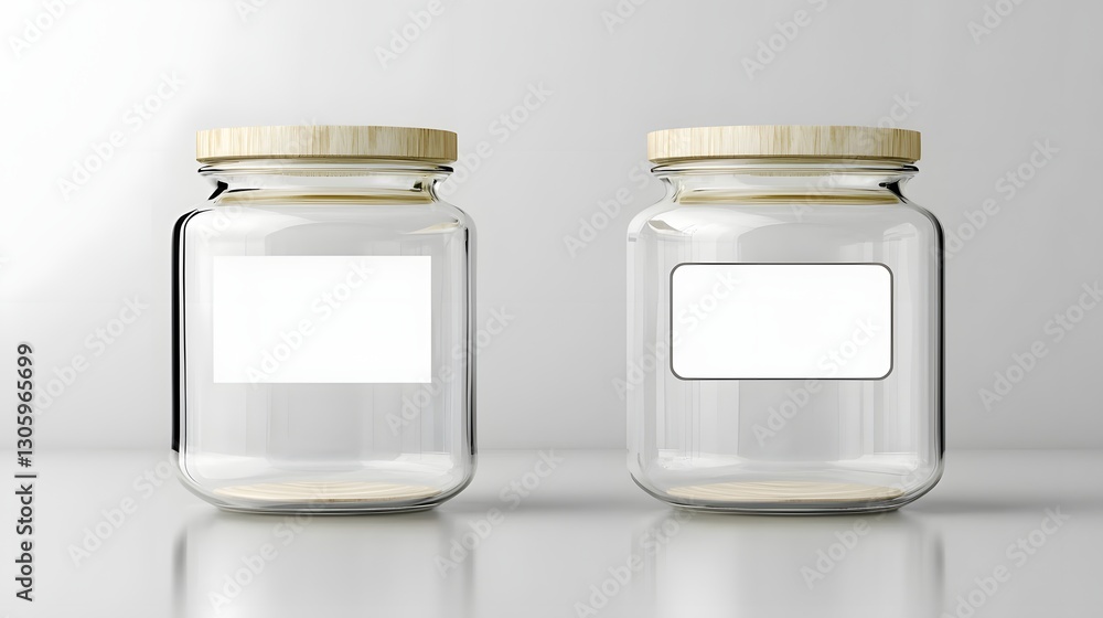 Poster frosted glass jar with a blank label area and a smooth wooden lid resting on a clean minimalist whit