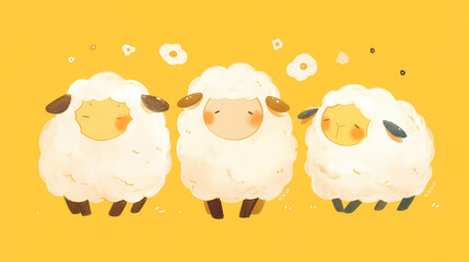 Three adorable cartoon sheep with fluffy wool standing on a bright yellow background, surrounded by flowers