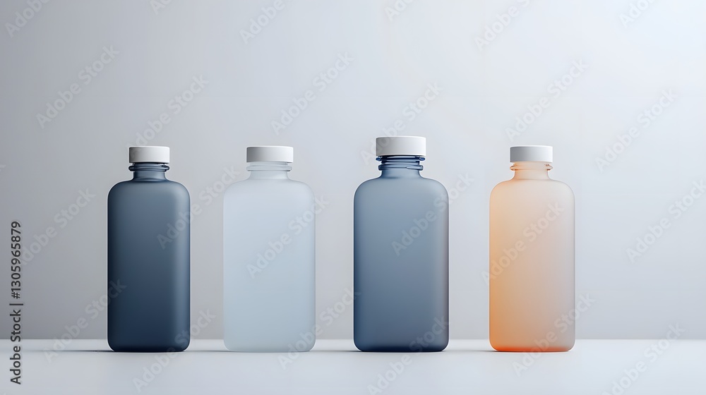 Poster Frosted glass flask bottle with a slim neck and matte white cap showcasing a modern and minimal design  The transparent container with a clean sleek appearance is perfect for various uses